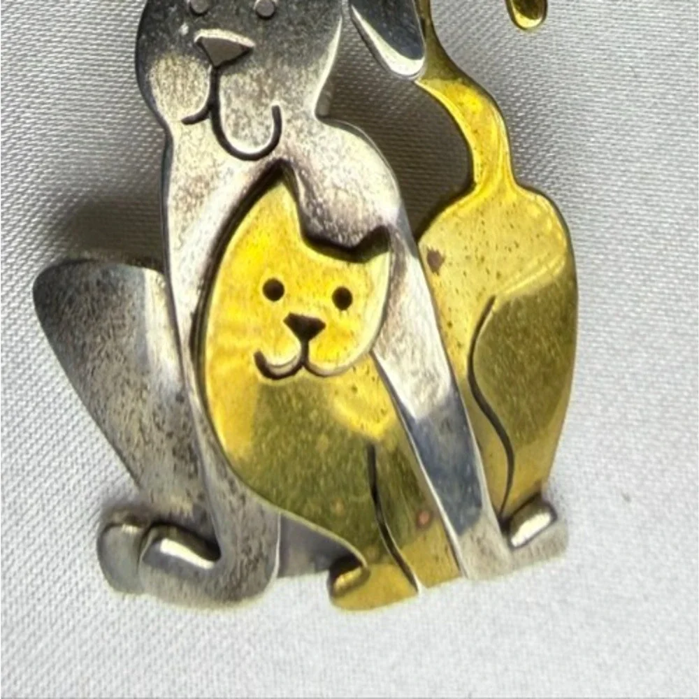 Vintage Far Fetched Cat and Dog Stick Pin Mixed Metal Brass Silver Tone Artisan
